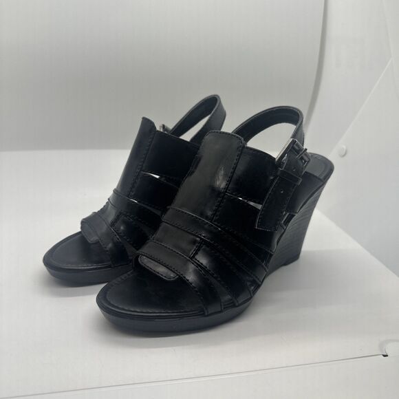 NINE WEST  Black Ankled Strap Healed Sandals Size 5 1/2 Buckle - Picture 1 of 16